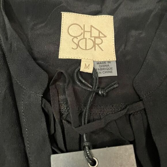 Chaser Dress Womens Medium Black Silk Mini Tie Front Shirred Cuffed Sleeves NWT - Picture 11 of 12